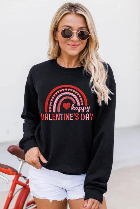 Black Happy Valentine'S Day Graphic Embroidered Sweatshirt